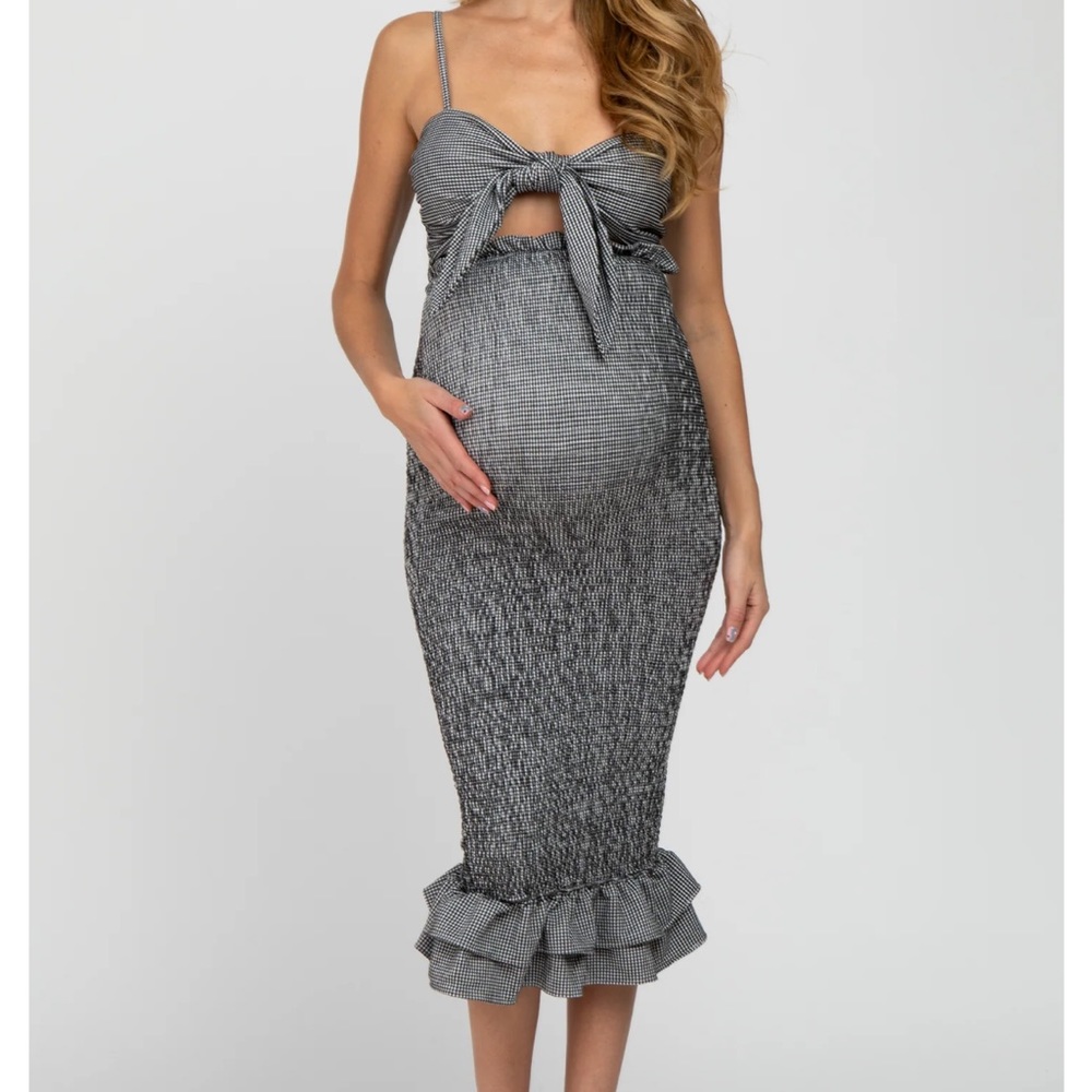 Pinkblush Black Gingham Print Smocked Fitted Self-Tie Maternity Midi Dress